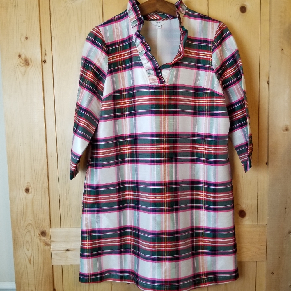 Crown & Ivy Pink Plaid Ruffled V-Neck 3/4 Sleeve Pocketed Lined A-line Dress